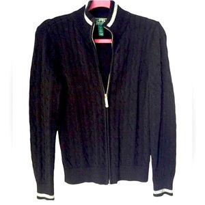 Ralph Lauren black cable knit sweater cardigan with silver trims
